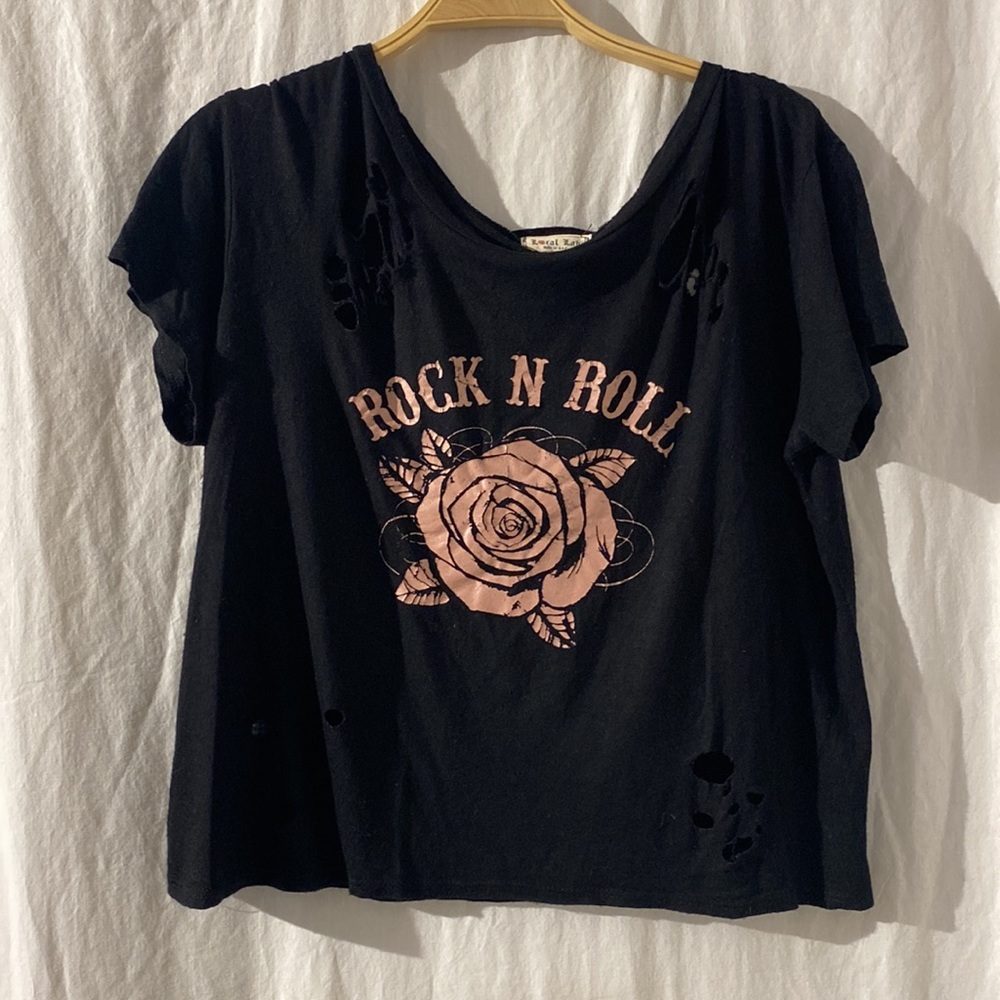 LOCAL LAB DESTROYED CROPPED BLACK & PINK ROCK N ROLL TEE.